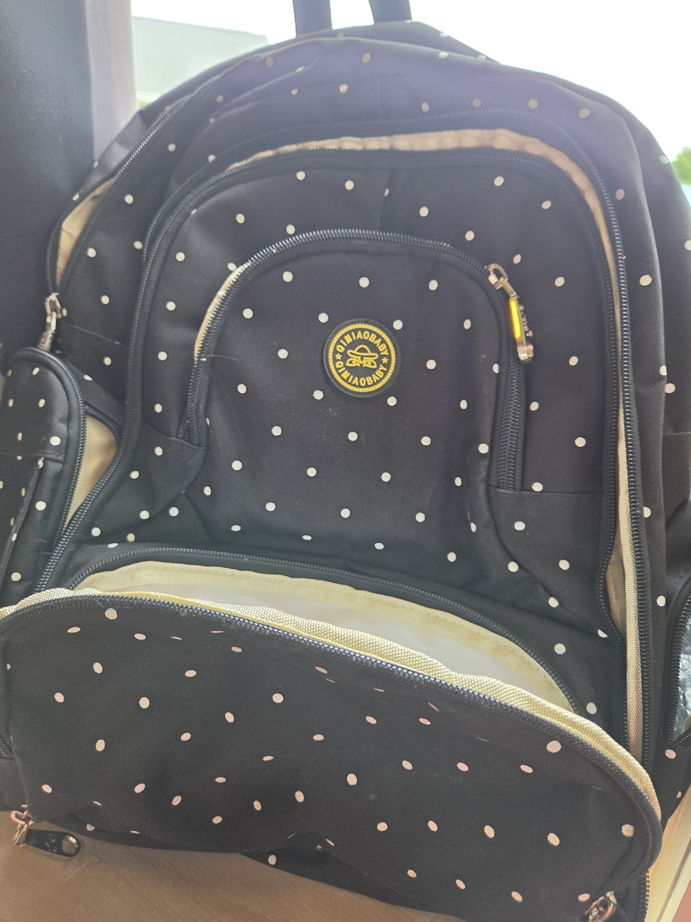 Qiamobaby Polka Dot Black & Cream Backpack with Front Pockets